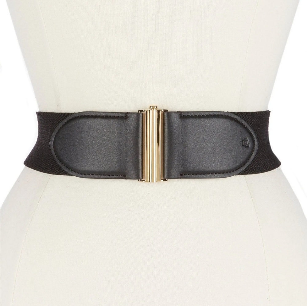 Size M Belt Interlock Stretch Belt Vegan leather Black Gold color RALPH LAUREN